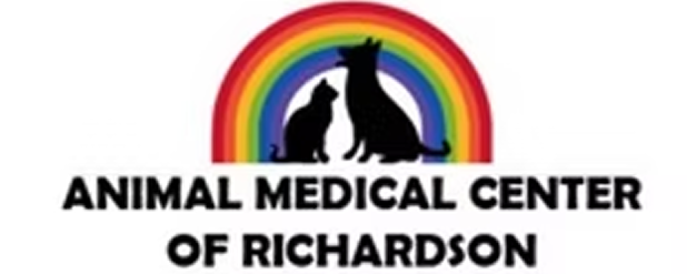 Silhouettes of a cat and dog in front of a rainbow. Text: Animal Medical Center of Richardson.
