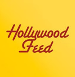 Hollywood Feed logo with red text on a yellow background.