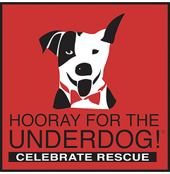 Stylized dog in a bow tie on red background with text: "Hooray for the Underdog! Celebrate Rescue.