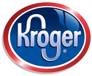 Kroger logo, stylized white text on a blue oval background with a red and white border.