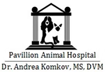 Logo of Pavillion Animal Hospital with silhouettes of a dog and cat beneath a structure.